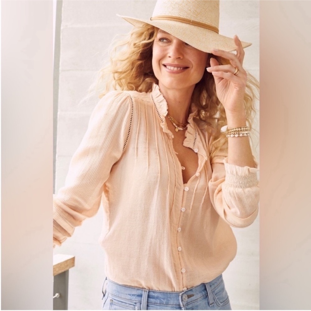 Faherty Willa Organic Cotton Ruffled Pintucked Blouse in Vanilla Cream